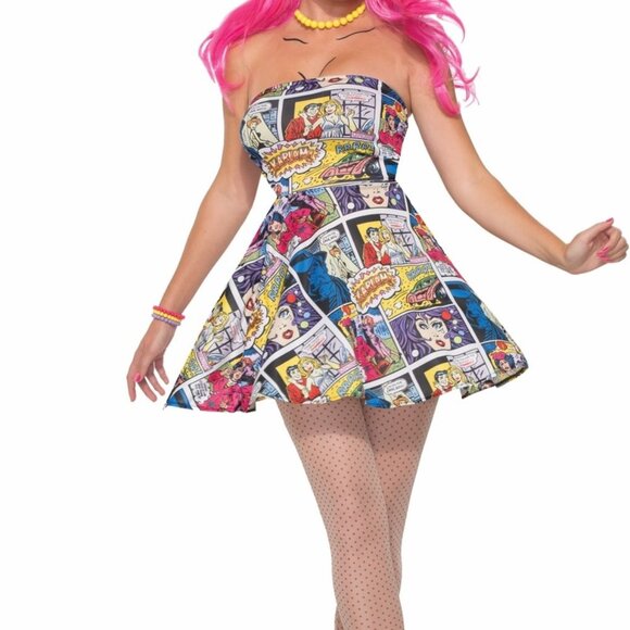 Novelty Dresses & Skirts - Pop Art Comic Printed Tight Strapless Dress Adult Halloween Party Costume (XS)